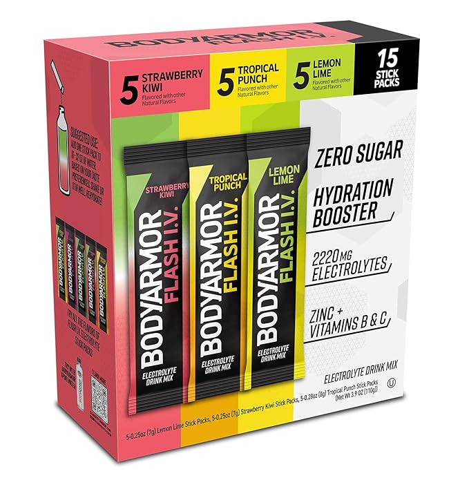 BODYARMOR Flash IV Electrolyte Packets, Strawberry Kiwi, Lemon Lime, & Tropical Punch Variety Pack