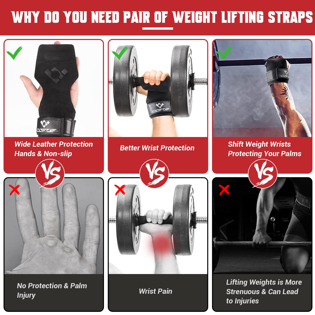COFOF Weight Lifting Wrist Strap,Double Layer Leather Weightlifting Wrist Strap for Deadlift and