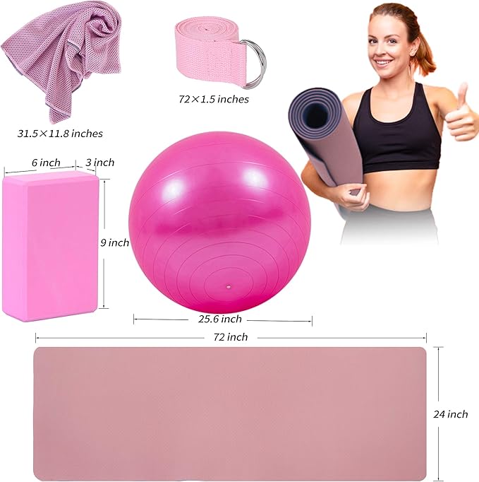Yoga Starter Kit - 11-Piece Set with Yoga Blocks, Strap, Ball, Mat, Carrying Strap, Net Bag