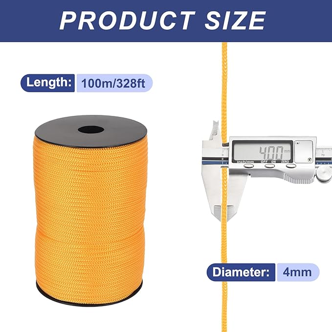MECCANIXITY 5/32 Inch Polypropylene Rope Braided Ropes, 328ft Camping Rope Hollow Utility Cord for