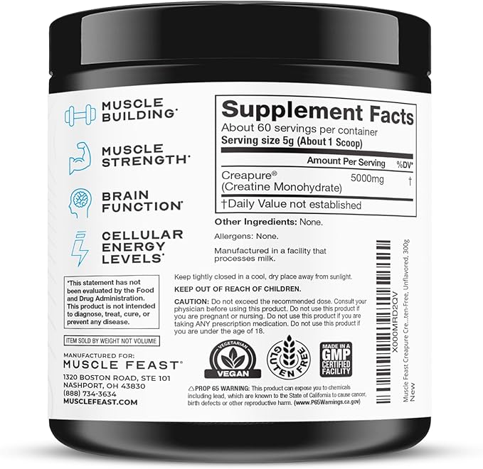 Muscle Feast Creapure Creatine Monohydrate Powder, Vegan Keto Friendly Gluten-Free, Mass Gainer