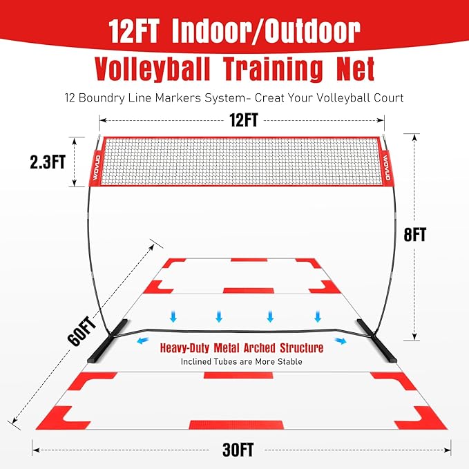 12Ft Beach Volleyball Net for Backyard, Portable Net Set, Freestanding Volleyball Training