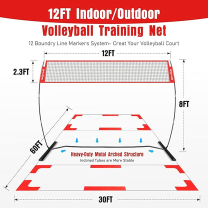12Ft Beach Volleyball Net for Backyard, Portable Net Set, Freestanding Volleyball Training
