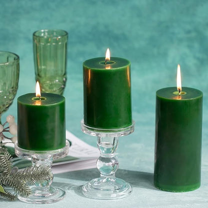 KONNI Navy Green Pillar Candles Set of 3, 3"x 6" Unscented Pillar Candles Bulk, 56 Hours Long