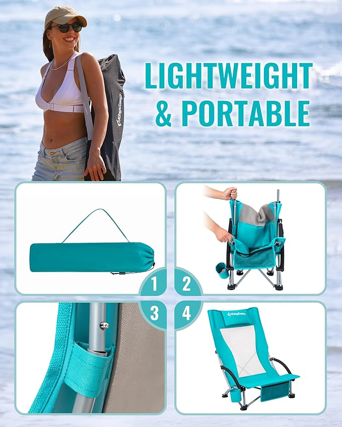 KingCamp Low Beach Chairs, Portable Folding Chair for Adults Extra Wide Ergonomic High Back Seat