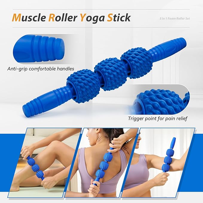 5 in1 Foam Roller Set, Trigger Point Foam Roller, Massage Roller Stick, Massage Ball, Resistance