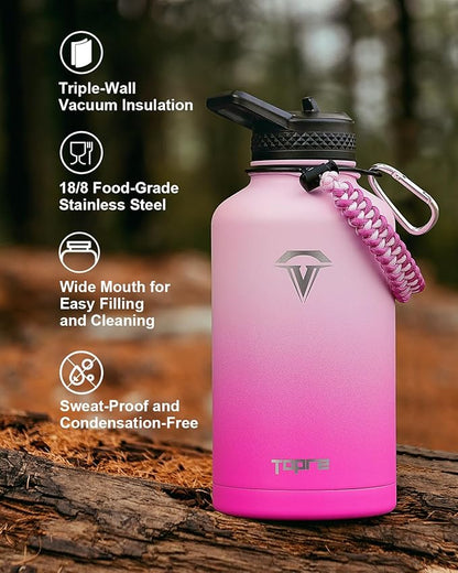 Half Gallon Water Bottle,64oz Insulated Water Bottle Stainless Steel Vacuum,Cold for 48