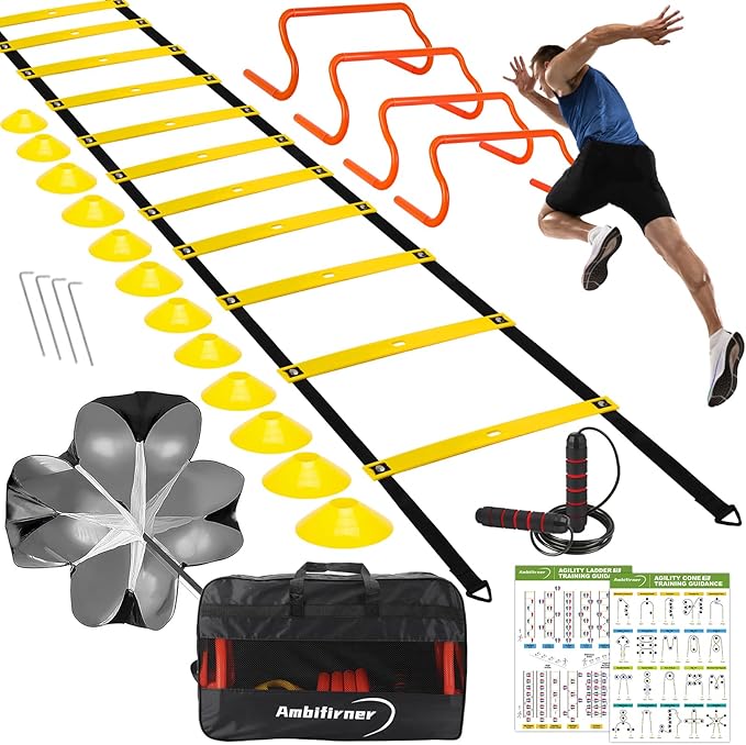 Agility Ladder Training Equipment Set - Agility Ladder(12 Rungs/20ft), 4 Speed Hurdles, 12 Training