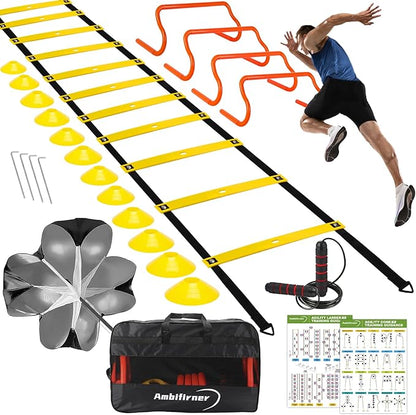 Agility Ladder Training Equipment Set - Agility Ladder(12 Rungs/20ft), 4 Speed Hurdles, 12 Training
