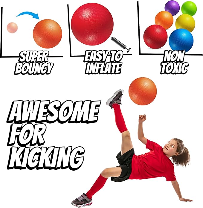 10 Inch Kickball Playground Balls - (Pack of 6) Inflatable Rubber Indoor Outdoor Bouncy Balls for