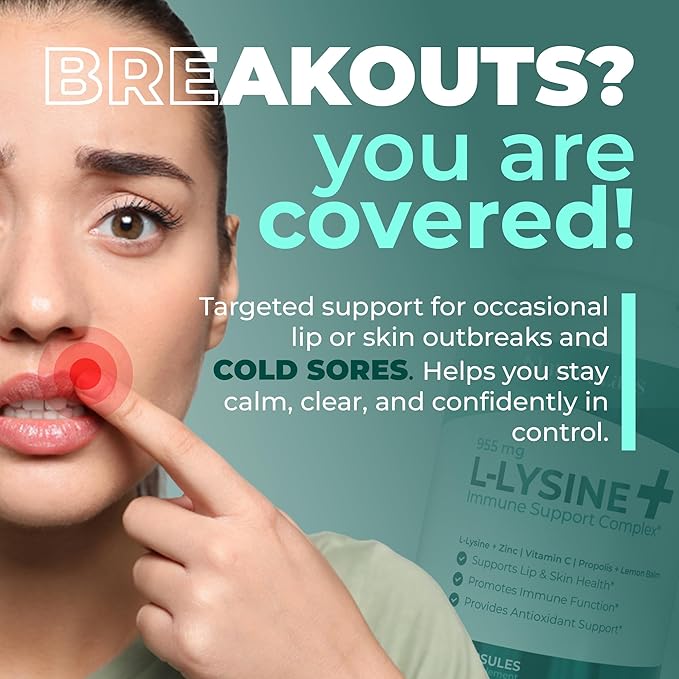 L-Lysine + Cold Sore Immune Support Supplement – with Vitamin C, Zinc, Bee Propolis, Lemon Balm &