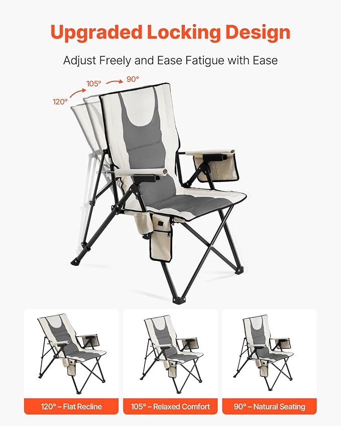 VEVOR Heated Camping Chair, 3 Heat Settings, High Back Folding Camping Chair, Supports 260lbs, Full