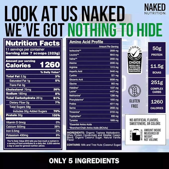 NAKED Vanilla Mass - All Natural Vanilla Weight Gainer Protein Powder - 8lb Bulk, GMO Free, Gluten