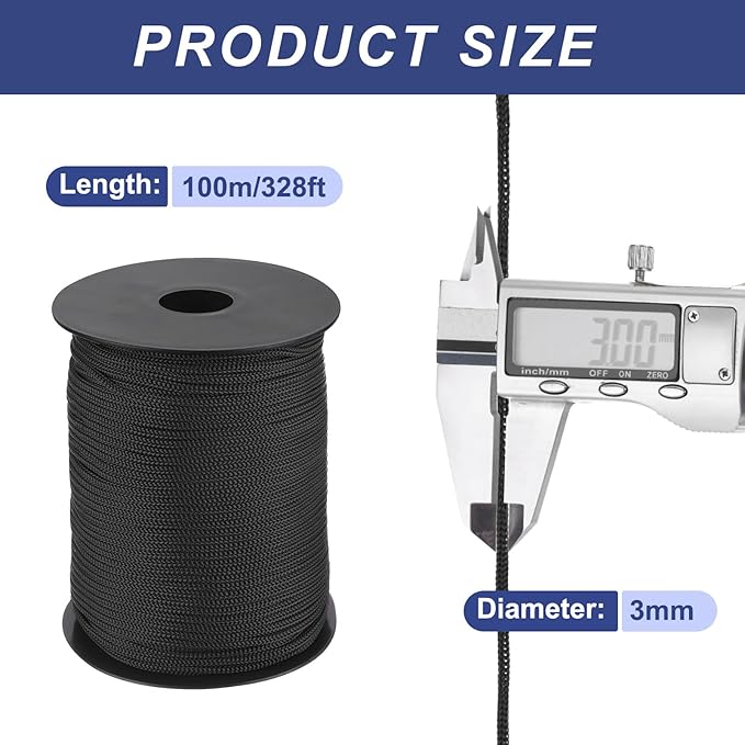 MECCANIXITY 1/8 Inch Polypropylene Rope Braided Ropes, 328ft Nylon Rope Hollow Utility Cord for