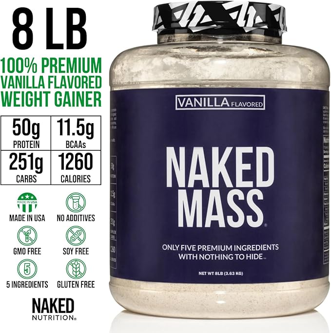 NAKED Vanilla Mass - All Natural Vanilla Weight Gainer Protein Powder - 8lb Bulk, GMO Free, Gluten