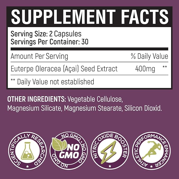 New Patented Nitric Oxide Supplement -Increase Blood Flow & Circulation- Organic Acai Seed Extract