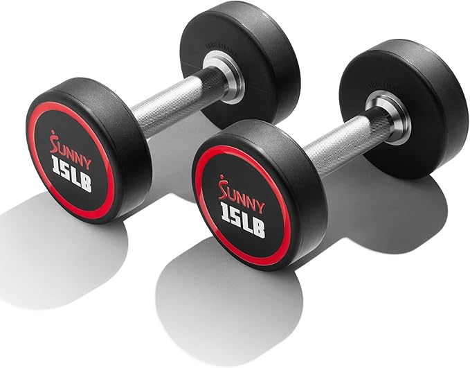 Sunny Health & Fitness Premium Polyurethane Commercial Grade Round Dumbbells with Diamond Knurled
