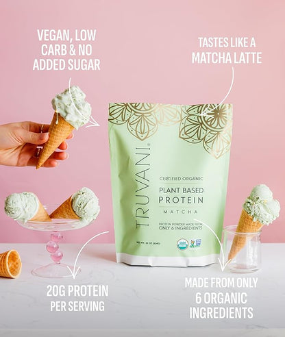 Truvani Vegan Pea Protein Powder | Matcha | 20g Organic Plant Based Protein | 20 Servings | Keto |