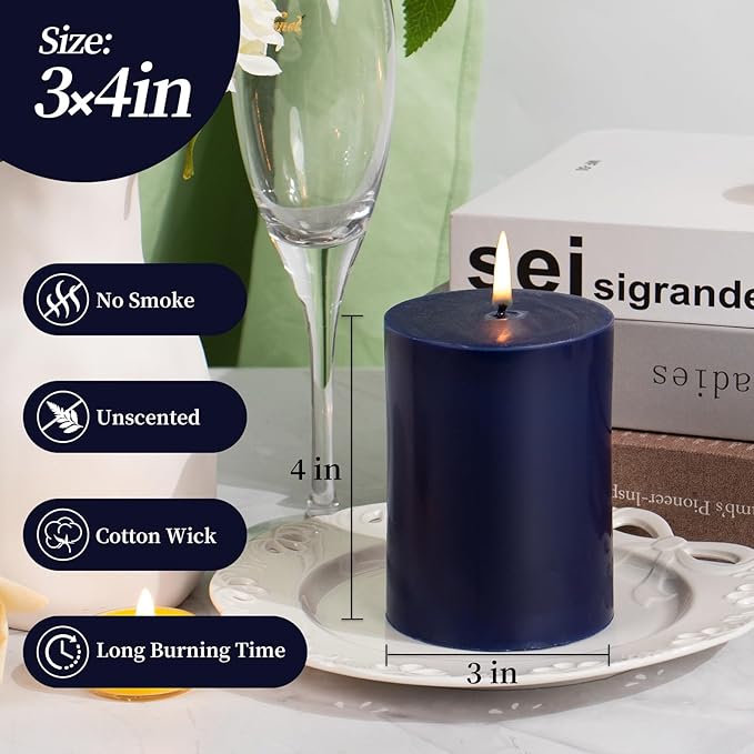 KONNI Navy Blue Pillar Candles Set of 3, 3"x 4" Unscented Pillar Candles Bulk, 39 Hours Long