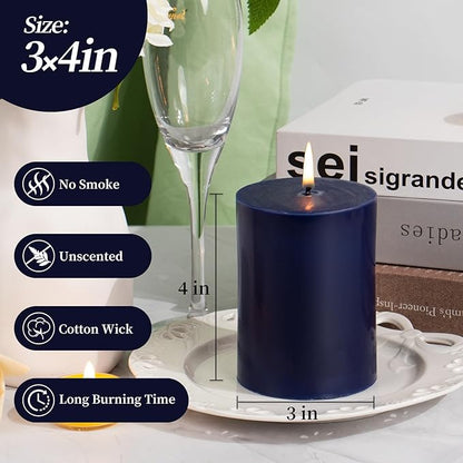 KONNI Navy Blue Pillar Candles Set of 3, 3"x 4" Unscented Pillar Candles Bulk, 39 Hours Long