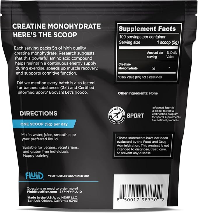 Fluid Creatine - 100% Creatine Monohydrate Powder, Unflavored, Informed Sport Certified, 5g per
