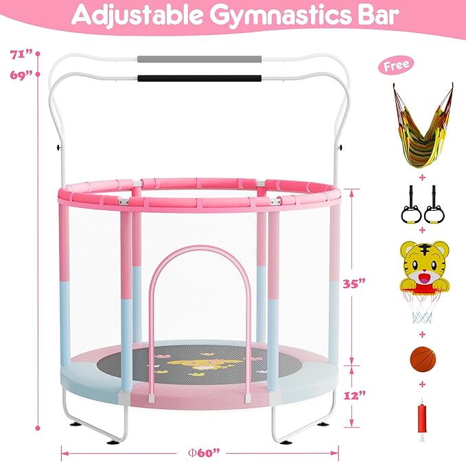 60" Trampoline for Kids, 5 FT Indoor & Outdoor Toddler Baby Trampoline with Basketball Hoop, Safety