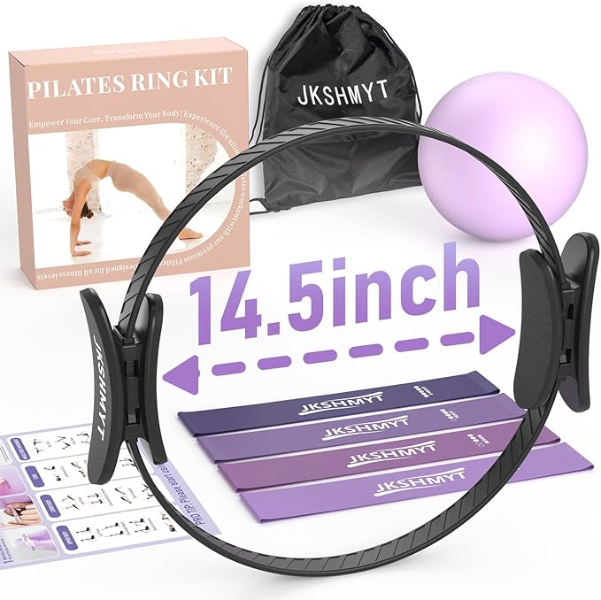 JKSHMYT Silicone Pilates Ring-14.5" Home Pilates kit with Padded Handles, Mini Ball, Resistance