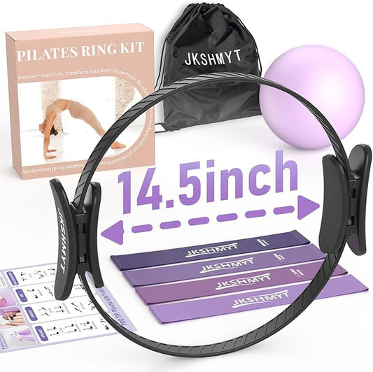 JKSHMYT Silicone Pilates Ring-14.5" Home Pilates kit with Padded Handles, Mini Ball, Resistance