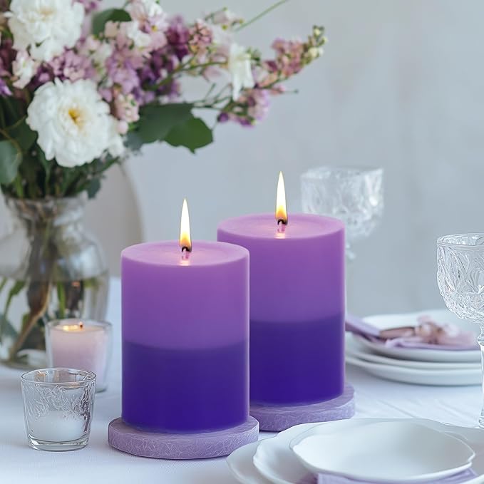 KONNI Purple Layered Pillar Candles Set of 3, 3"x 4" Unscented Pillar Candles Bulk, 39 Hours Long