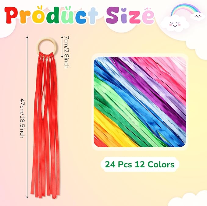 Junkin Ribbon Rings Hand Kite Waldorf Toys Dancing Wrist Ribbons Rainbow Streamers with Wood Ring