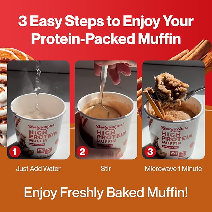 Bootylicious | High-Protein Muffin | 25g Protein, 7g Net Carbs, 2.32-2.75oz Cup, 12-Pack (Cinnamon