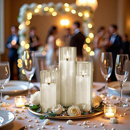 Set of 12 Elegant White Pillar Candles with Clear Ribbed Glass Holders?“Perfect for Weddings