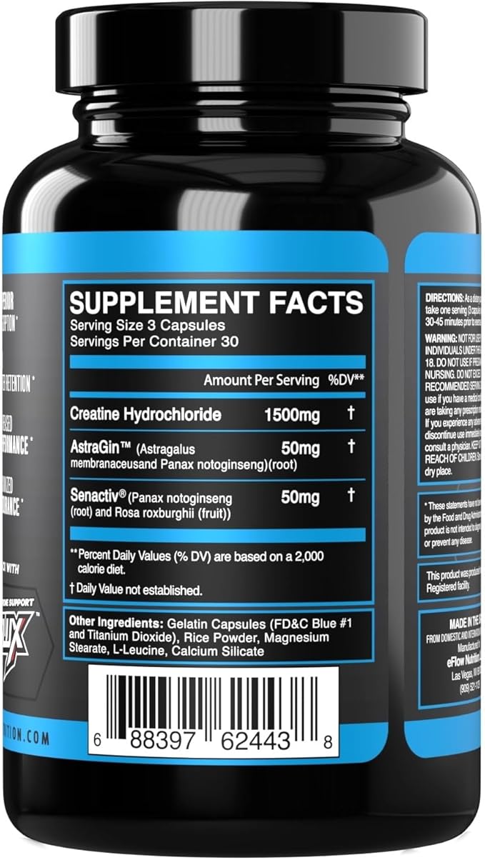 eFlow Creatine Capsules, HCL Creatine Pills - Creatine Supplement for Men & Women, Muscle Builder