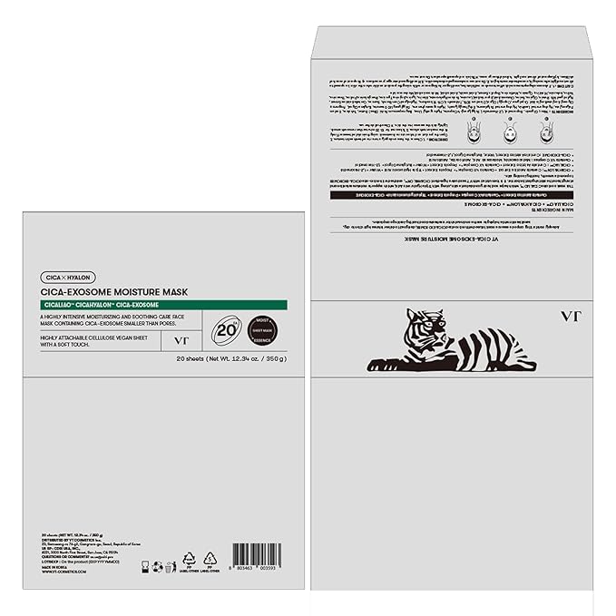 VT COSMETICS Cica-Exosome Moisture Mask 20 Sheets, Centella Asiatica & Hyaluronic Acid with