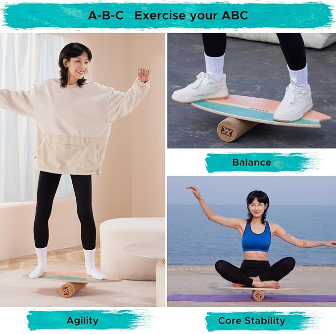 XCMAN Surf Balance Board Trainer with Roller Wooden Exercise Balancing Stability Trainer - Non Slip