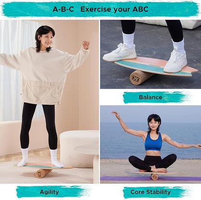XCMAN Surf Balance Board Trainer with Roller Wooden Exercise Balancing Stability Trainer - Non Slip
