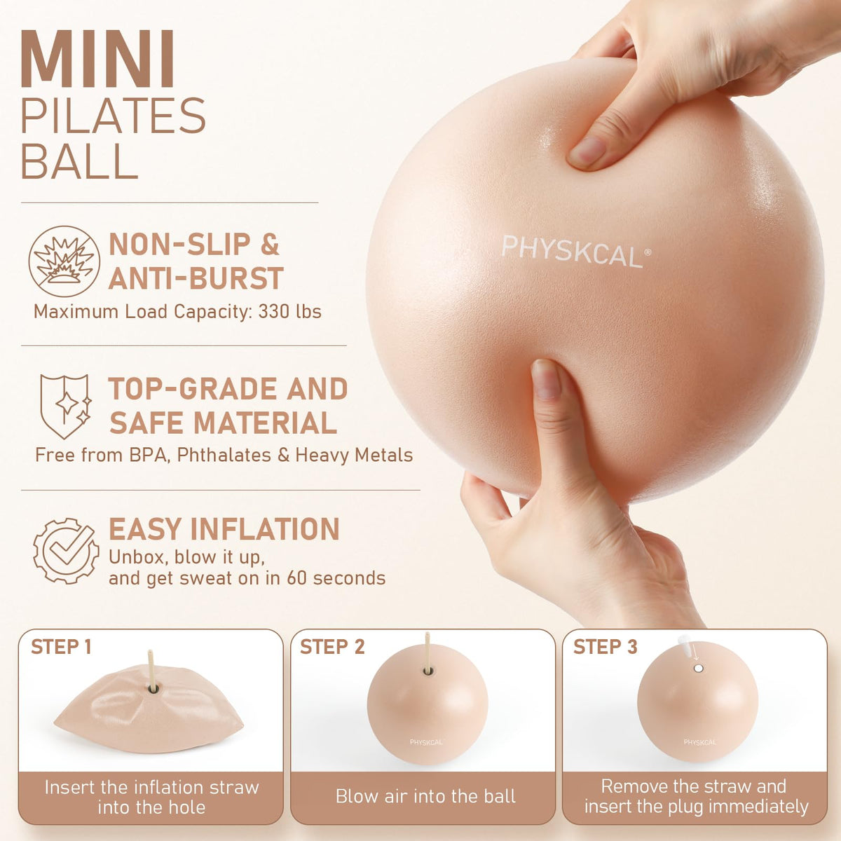 PhysKcal Pilates Kit, 15-Inch Pilates Ring with Pilates Ball & Bands, Nude