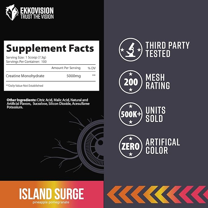 Ekkovision Creatine Monohydrate Powder, Micronized, Island Surge, Pre Workout & Post Workout