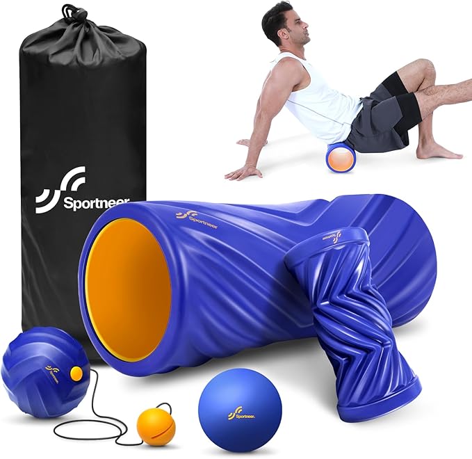Sportneer 4 in 1 Foam Roller Set: Dual Textures Foam Roller, Foot Roller, Lacrosse Ball, Traction