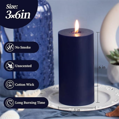 KONNI Navy Blue Pillar Candles Set of 3, 3"x 6" Unscented Pillar Candles Bulk, 56 Hours Long