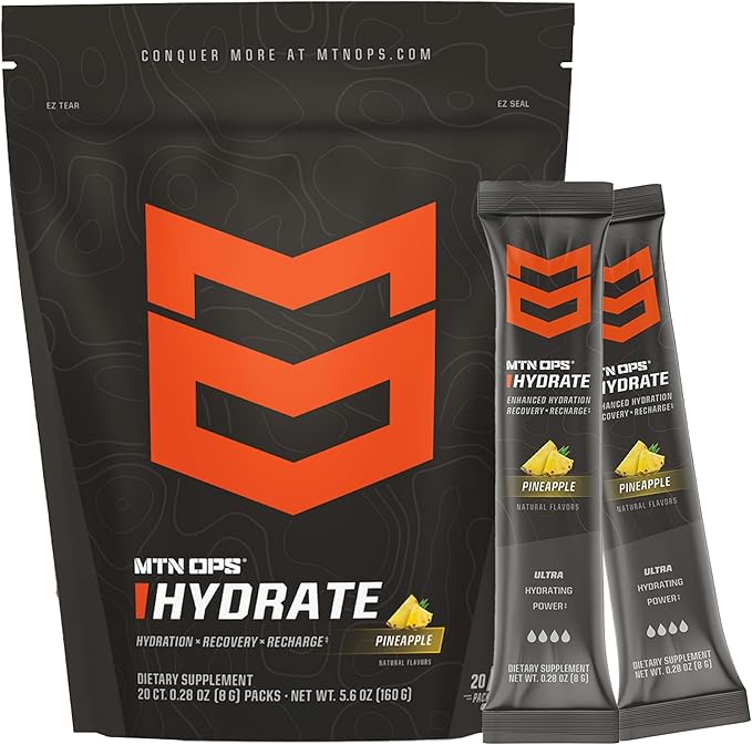 MTN OPS Hydrate Electrolytes Powder Drink Mix, 20 Single Serving On-The-Go Electrolyte Packs with