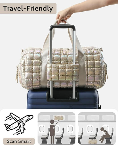 Quilted Duffel Bag for Women, Puffer Gym Duffle Bag with Shoe Compartment Lightweight Large