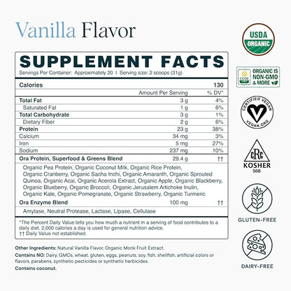 Ora Organic Plant-Based Protein Powder - 23g Protein for Women and Men - Vanilla Flavor 20