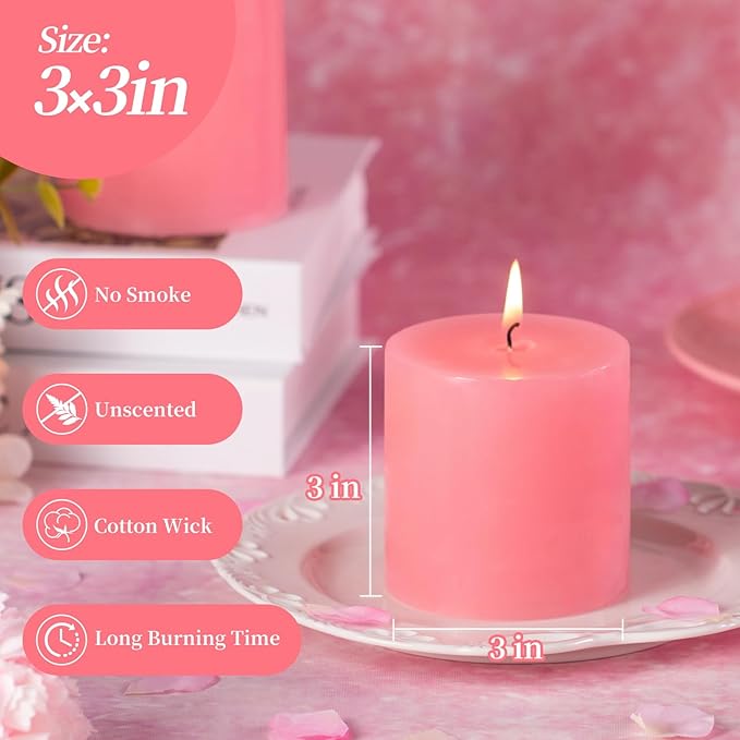 KONNI Pink Pillar Candles Set of 3, 3"x 3" Unscented Pillar Candles Bulk, 30 Hours Long Burning