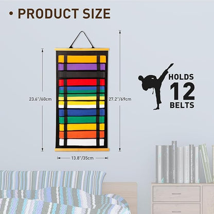 12Belts Karate Belt Display Rack with Bamboo Frame, Felt Taekwondo Belt Display, Martial Art Belt