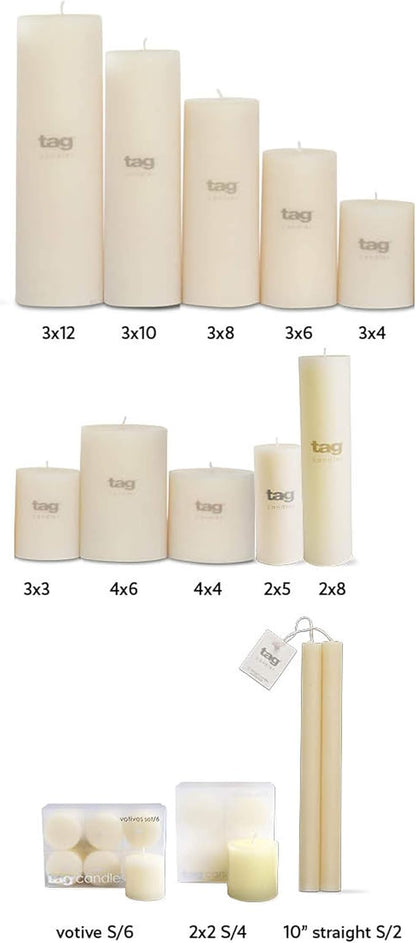 TAG Chapel 3X12 Ivory Pillar Paraffin Wax Candle Unscented Drip-Free Long Burning 175 Hours for