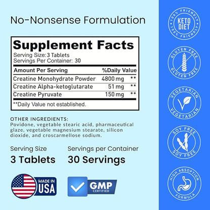 Crazy Muscle Creatine Pills, 5g 3X Pure Creatine Monohydrate, Pre Workout Bulk Muscle Mass Gainer