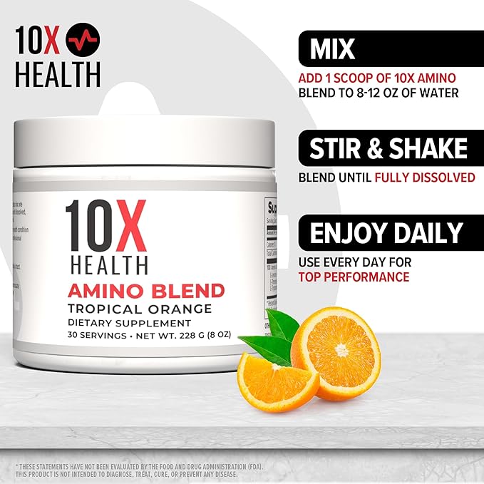 10X Health Amino Blend Pre Workout Powder for Men - Tropical Orange Flavor - EAA & BCAA Powder