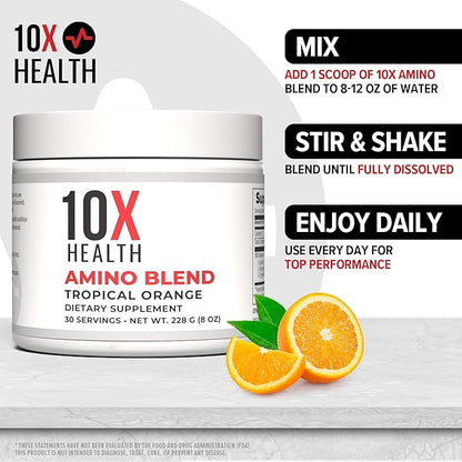 10X Health Amino Blend Pre Workout Powder for Men - Tropical Orange Flavor - EAA & BCAA Powder