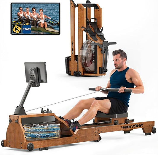 Water Rowing Machine for Home Use, WENOKER Wooden Foldable Rower Machine with Adjustable Monitor &